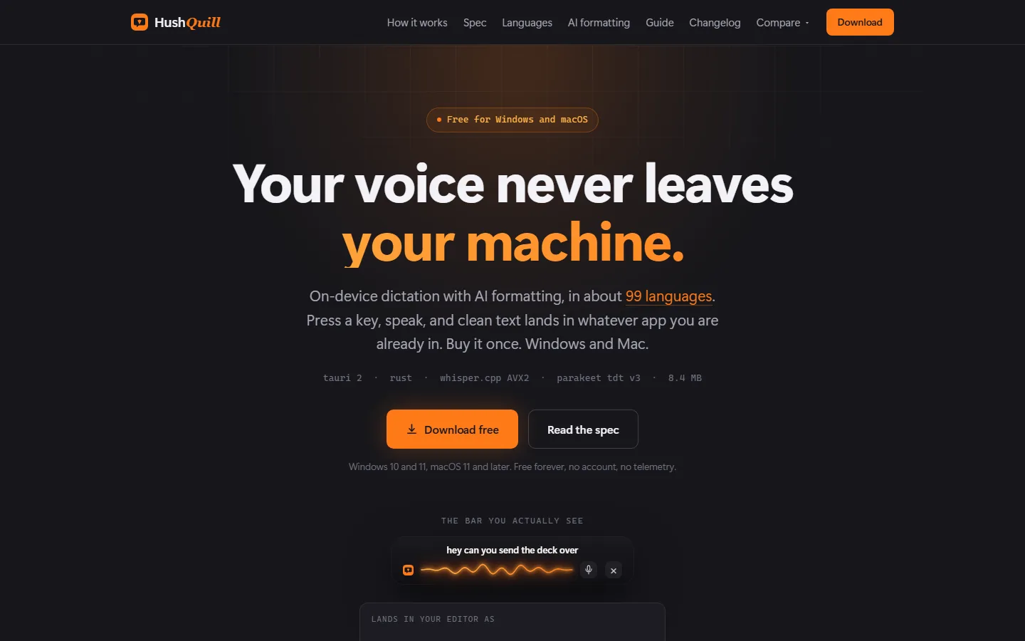 Hush Dictation desktop app website.