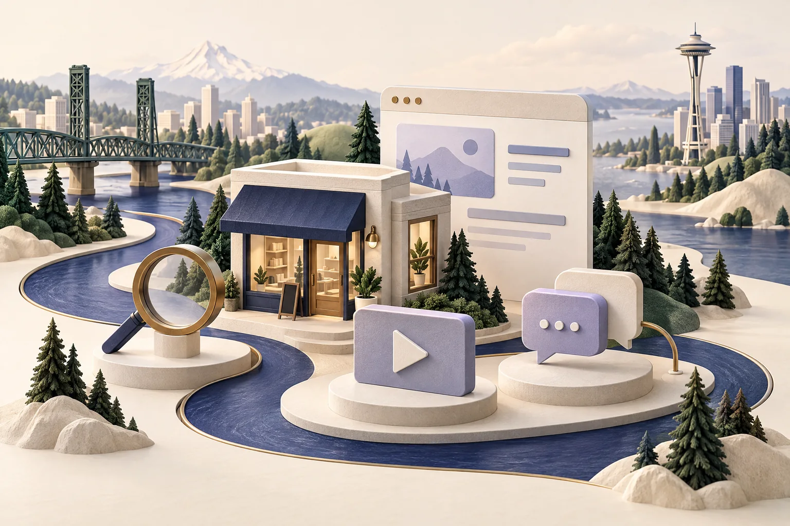 Illustrated Pacific Northwest landscape connecting a small storefront with search, website content, and conversations, with Portland and Seattle landmarks.