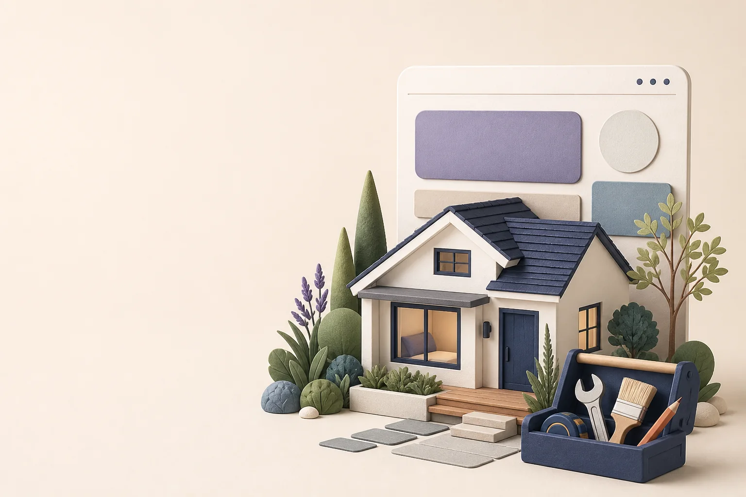 A small house model, website card, landscaping, and home-service tools illustrating SEO for chimney services