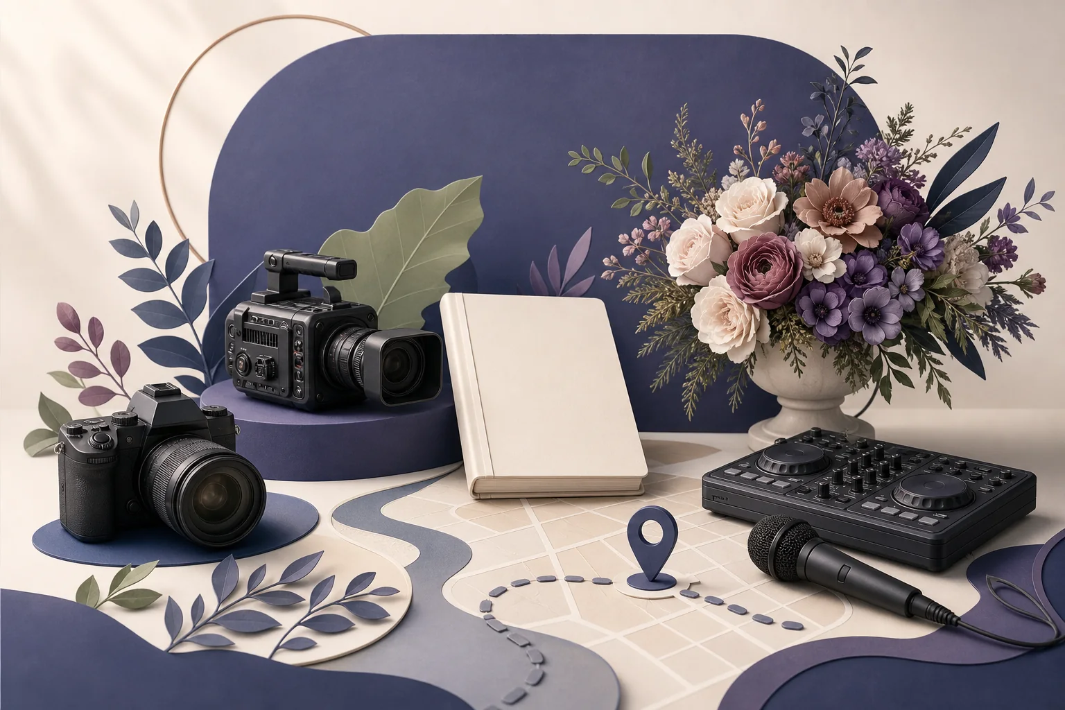 A wedding professional organizing a clear website plan beside floral and planning details