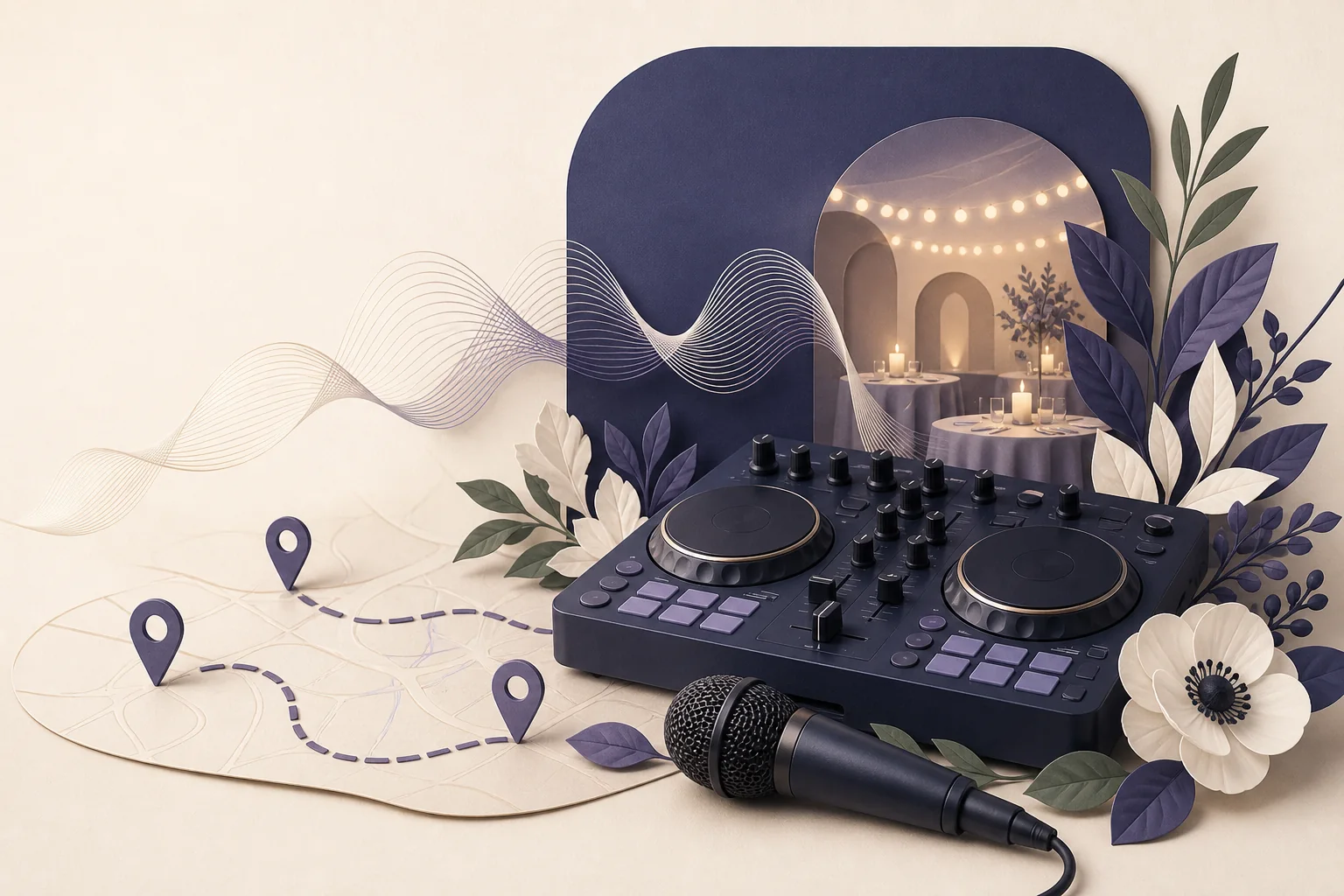 A wedding DJ planning music, ceremony sound, and lighting beside a clear website outline