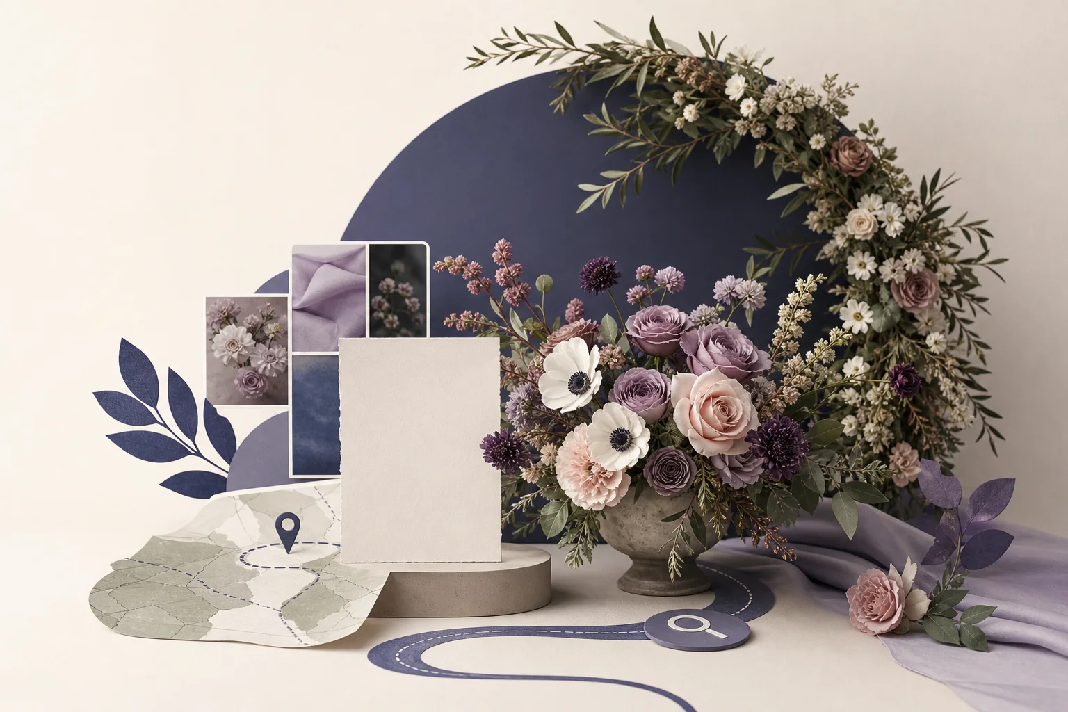 A wedding florist arranging flowers beside a gallery layout and website content plan