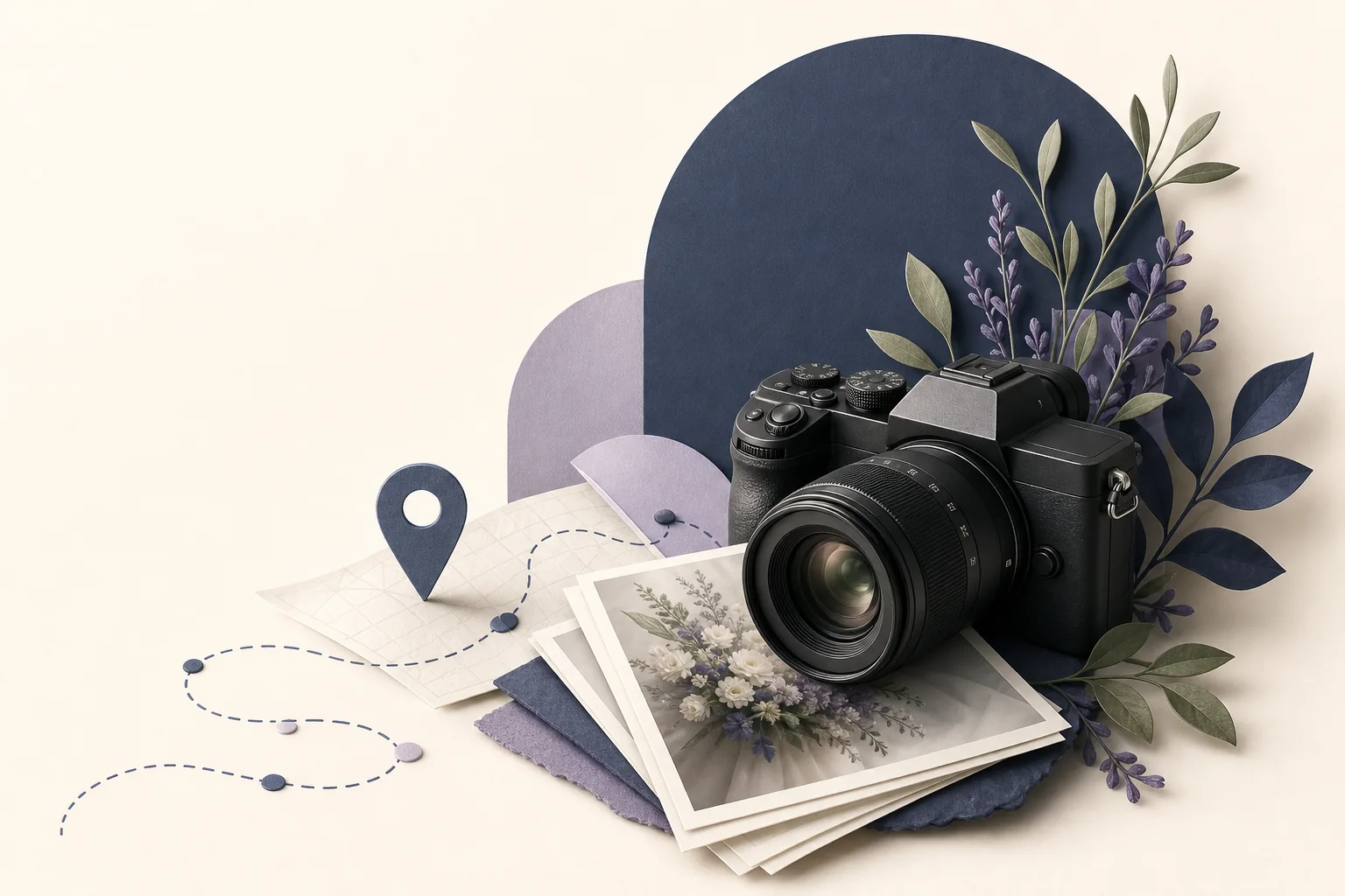 A wedding photographer arranging a polished gallery beside a clear website plan